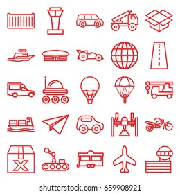 Transport icons set. set of 25 transport outline icons such as plane, airport tower, runway, airport, toy car, truck with hook, van, trailer, cargo box, box, cargo ship, ship