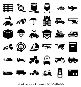 Transport icons set. set of 36 transport filled icons such as wheel barrow, train, toy car, boat, car wash, excavator, tractor, cargo box, keep dry cargo, arrow up