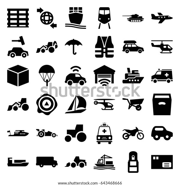 Transport icons set. set of 36\
transport filled icons such as wheel barrow, train, toy car, boat,\
car wash, excavator, tractor, cargo box, keep dry cargo, arrow\
up