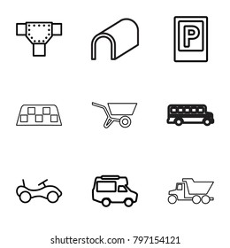 Transport icons. set of 9 editable outline transport icons such as parking, road, bike, van, wheel barrow, taxi, tunnel, truck