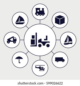 transport icons set. Set of 9 transport filled icons such as train toy, forklift, sailboat, keep dry cargo, truck rocket, helicopter, bus