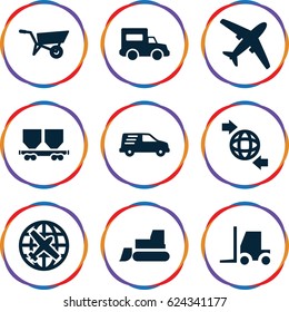 Transport icons set. set of 9 transport filled icons such as wheel barrow, plane, tractor, qround the globe, cargo wagon, delivery car