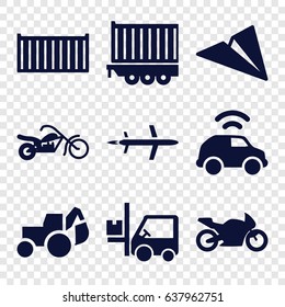 Transport icons set. set of 9 transport filled icons such as excavator, cargo box, forklift, cargo trailer, motorbike, motorcycle, car, plane