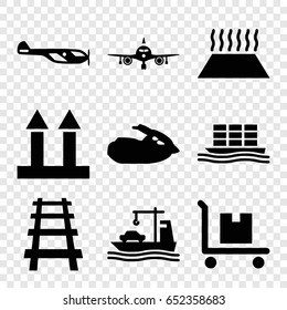 Transport icons set. set of 9 transport filled icons such as plane, helicopter, cargo arrow up, cargo on cart, railway, cargo ship, heating system in car