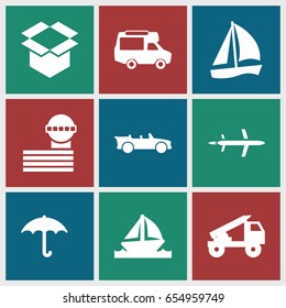 Transport icons set. set of 9 transport filled icons such as airport tower, van, keep dry cargo, box, cabriolet, boat, truck rocket, plane