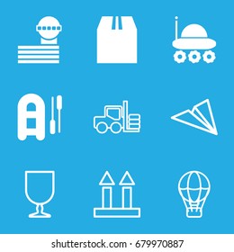 Transport icons set. set of 9 transport filled and outline icons such as airport tower, cargo container, tractor, forklift, cargo arrow up, fragile cargo, inflatable boat