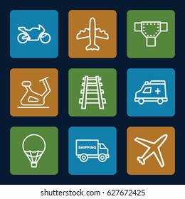 Transport icons set. set of 9 transport outline icons such as road, exercise bike, plane, railway, ambulance, air balloon, motorbike