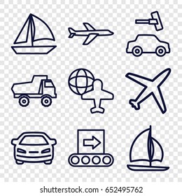 Transport icons set. set of 9 transport outline icons such as toy car, car wash, car, globe and plane, plane, conveyor
