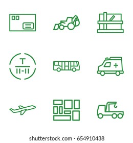 Transport icons set. set of 9 transport outline icons such as airport bus, parcel, excavator, truck with hook, cargo terminal, lugagge, plane