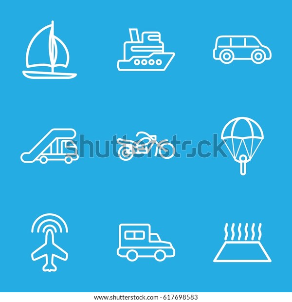 Transport icons set. set of 9 transport outline\
icons such as plane, truck crane, heating system in car, truck,\
motorcycle, sailboat, car,\
ship