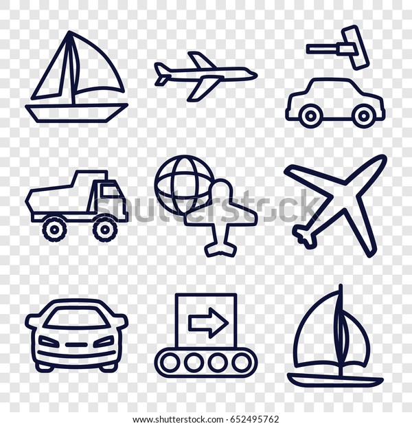 Transport\
icons set. set of 9 transport outline icons such as toy car, car\
wash, car, globe and plane, plane,\
conveyor