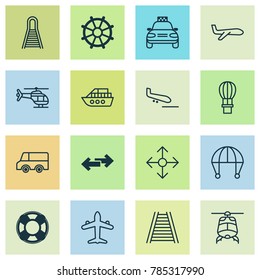 Transport icons set with air transport, flight basket, boat helm and other road pointer elements. Isolated vector illustration transport icons.
