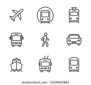 Iconos de transporte establecidos. Automóvil, autobús, tren, barco, avión, metro, tranvía y trolebús. Iconos de transporte público, de viaje y de entrega. Ilustración vectorial.