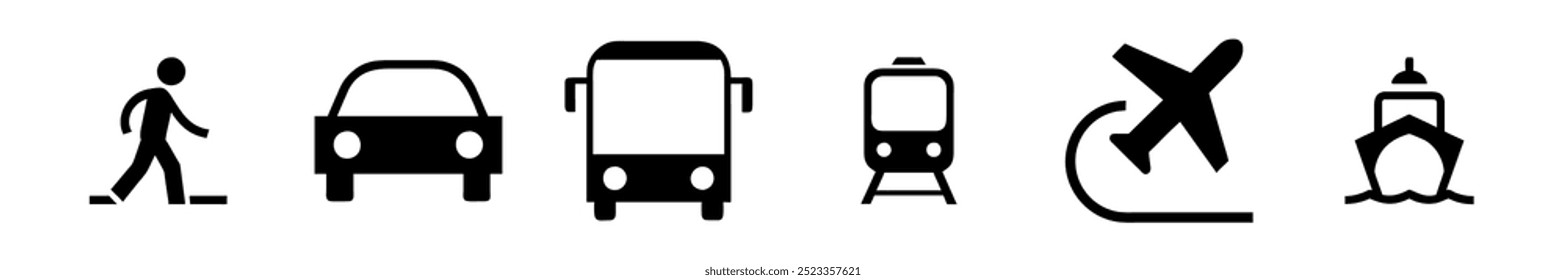 Transport icons set. Auto, bus, train, ship, plane and on foot. Public, travel and delivery transport icons. Vector illustration.