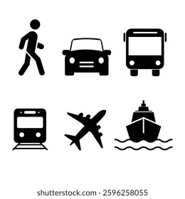 Transport icons set. Auto, bus, train, ship, plane and on foot. Public, travel and delivery transport icons. Vector