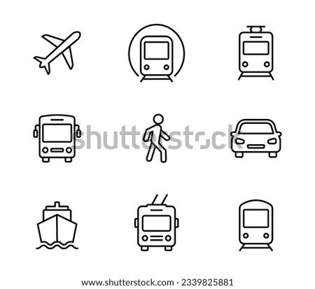 Transport icons set. Auto, bus, train, ship, plane, subway, tram and trolleybus. Public, travel and delivery transport icons. Vector illustration.