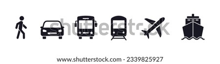 Transport icons set. Auto, bus, train, ship, plane and on foot. Public, travel and delivery transport icons. Vector illustration. Foto d'archivio © 