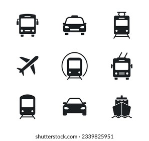 Transport icons set. Car, bus, train, ship, plane, taxi, subway, tram and trolleybus. Public, travel and delivery transport icons. Vector illustration.