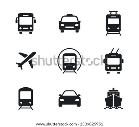 Transport icons set. Car, bus, train, ship, plane, taxi, subway, tram and trolleybus. Public, travel and delivery transport icons. Vector illustration.