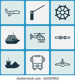 Transport Icons Set. Collection Of Air Transport, Roadblock, Transport And Other Elements. Also Includes Symbols Such As Helm, Transport, Seatbelt.