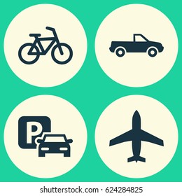 Transport Icons Set. Collection Of Aircraft, Cabriolet, Bicycle And Other Elements. Also Includes Symbols Such As Airplane, Parking, Car.
