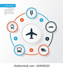 Transport Icons Set. Collection Of Aircraft, Van, Omnibus And Other Elements. Also Includes Symbols Such As Aircraft, Bus, Light.