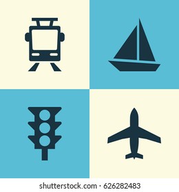 Transport Icons Set. Collection Of Aircraft, Streetcar, Stoplight And Other Elements. Also Includes Symbols Such As Flight, Aircraft, Yacht.