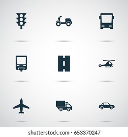 Transport Icons Set. Collection Of Aircraft, Automobile, Van And Other Elements. Also Includes Symbols Such As Monorail, Automobile, Airplane.