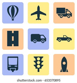 Transport Icons Set. Collection Of Aircraft, Truck, Stoplight And Other Elements. Also Includes Symbols Such As Rocket, Camion, Way.