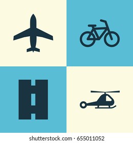 Transport Icons Set. Collection Of Aircraft, Chopper, Bicycle And Other Elements. Also Includes Symbols Such As Highway, Road, Chopper.