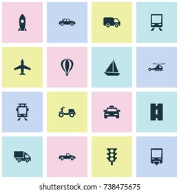 Transport Icons Set. Collection Of Aircraft, Van, Skooter And Other Elements. Also Includes Symbols Such As Sail, Helicopter, Airship.