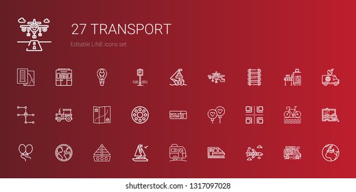 transport icons set. Collection of transport with airplane, train, caravan, boat, globe, balloons, crossroads, balloon, boarding pass, rolling wheel. Editable and scalable transport icons.
