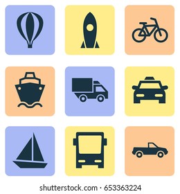 Transport Icons Set. Collection Of Airship, Bicycle, Omnibus And Other Elements. Also Includes Symbols Such As Airship, Camion, Omnibus.