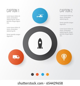 Transport Icons Set. Collection Of Airship, Chopper, Spaceship And Other Elements. Also Includes Symbols Such As Chopper, Flight, Airship.