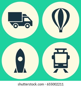 Transport Icons Set. Collection Of Airship, Streetcar, Spaceship And Other Elements. Also Includes Symbols Such As Camion, Air, Rocket.