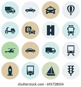 Transport Icons Set. Collection Of Airship, Railroad, Truck And Other Elements. Also Includes Symbols Such As Road, Taxi, Scooter.