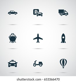 Transport Icons Set. Collection Of Automobile, Skooter, Aircraft And Other Elements. Also Includes Symbols Such As Airplane, Truck, Camion.