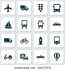 Transport Icons Set. Collection Of Automobile, Airship, Bicycle And Other Elements. Also Includes Symbols Such As Boat, Railroad, Camion.