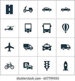 Transport Icons Set. Collection Of Automobile, Airship, Railroad And Other Elements. Also Includes Symbols Such As Bike, Camion, Bus.
