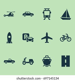 Transport Icons Set. Collection Of Bicycle, Spaceship, Cabriolet And Other Elements. Also Includes Symbols Such As Cargo, Cabriolet, Boat.