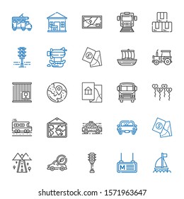 transport icons set. Collection of transport with boat, metro, traffic light, electric car, road, map, car, taxi, school bus, balloons. Editable and scalable transport icons.