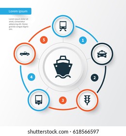 Transport Icons Set. Collection Of Cab, Stoplight, Railway And Other Elements. Also Includes Symbols Such As Monorail, Ship, Cabriolet.