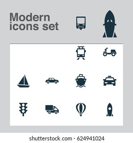 Transport Icons Set. Collection Of Cab, Skooter, Airship And Other Elements. Also Includes Symbols Such As Boat, Monorail, Airship.