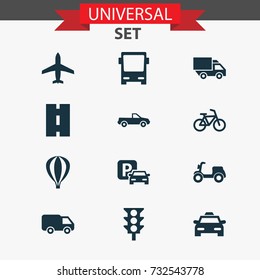 Transport Icons Set. Collection Of Cab, Road Sign, Aircraft And Other Elements. Also Includes Symbols Such As Balloon, Pickup, Airship.