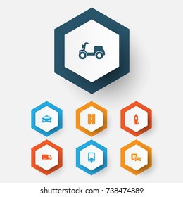 Transport Icons Set. Collection Of Cab, Skooter, Way And Other Elements. Also Includes Symbols Such As Road, Motorbike, Van.