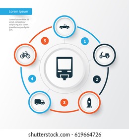 Transport Icons Set. Collection Of Cabriolet, Skooter, Bicycle And Other Elements. Also Includes Symbols Such As Van, Flight, Motorbike.