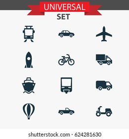 Transport Icons Set. Collection Of Cabriolet, Bicycle, Railroad And Other Elements. Also Includes Symbols Such As Moped, Bicycle, Spaceship.
