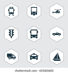 Transport Icons Set. Collection Of Cabriolet, Railroad, Chopper And Other Elements. Also Includes Symbols Such As Train, Cabriolet, Helicopter.