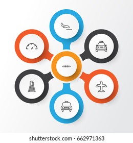 Transport Icons Set. Collection Of Car Vehicle, Taxi, Railway And Other Elements. Also Includes Symbols Such As Seatbelt, Arrival, Safety.