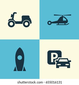 Transport Icons Set. Collection Of Chopper, Spaceship, Road Sign And Other Elements. Also Includes Symbols Such As Airplane, Helicopter, Scooter.